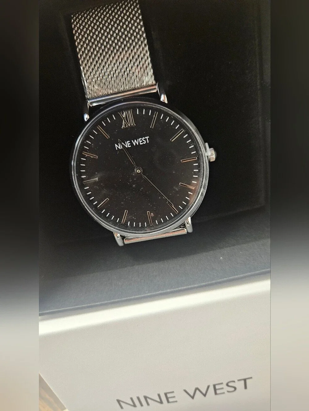 Nine West Men's Silver Mesh Strap Watch with Black Dial